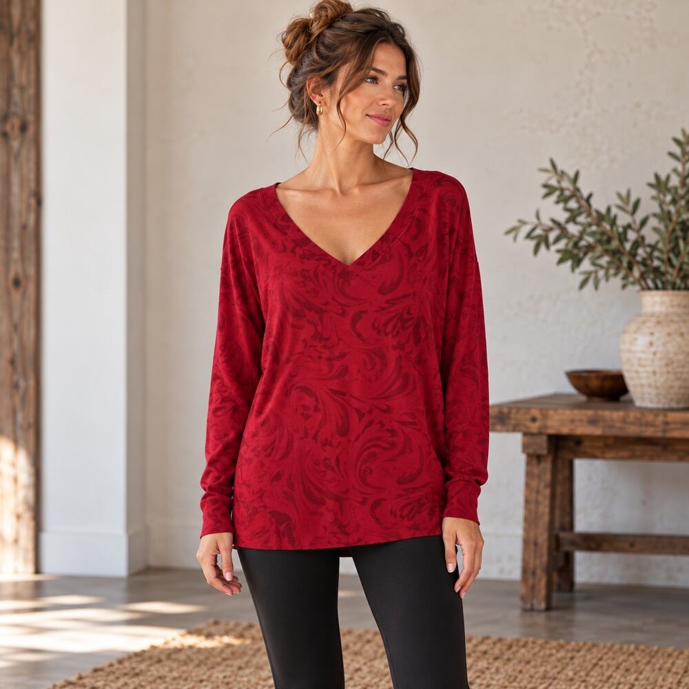 Athleta Red Paisley V Neck Stretch Knit Sweatshirt XL